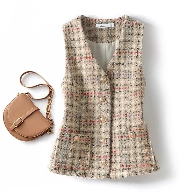 Vest Jacket Womens Spring Autumn Elegant Fashion Short Sleeveless Slim Comfortable Tweed Waistcoat Female Coat Tops 240823