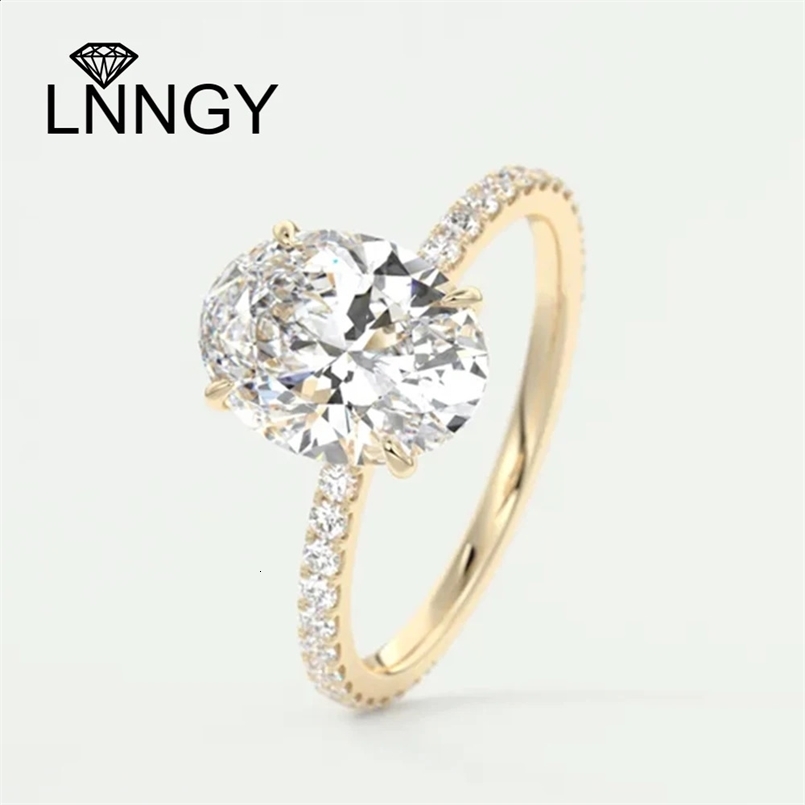 Lnngy 4 Prong Setting Oval Cut Simulated Diamond Ring for Women 925 Sterling Silver Halo Engagement Ring Couples Wedding Gift 250327