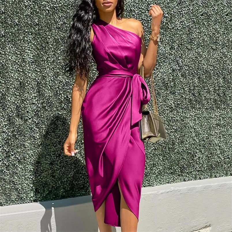 Women Prom Cocktail Dresses Sexy Solid One ShoulDer Ruched Slit belted Waist Dress Sleeveless Formal Occasion Dresses 250507