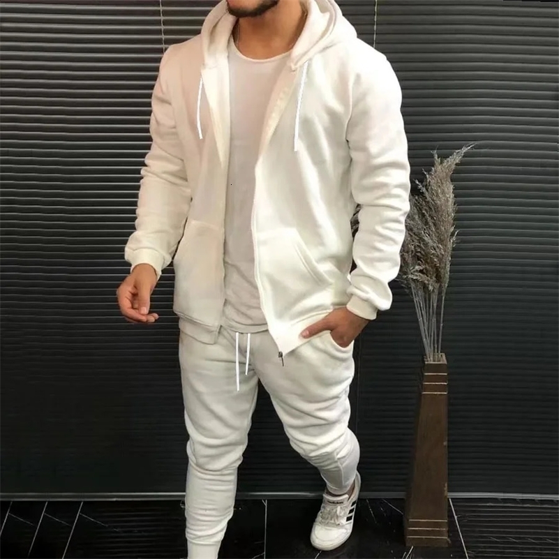 Spring Autumn Sports Mens Sets Solid Color Fashion Casual Suit Hooded Cardigan Coat and Trousers Menswear Two Piece Set 250121