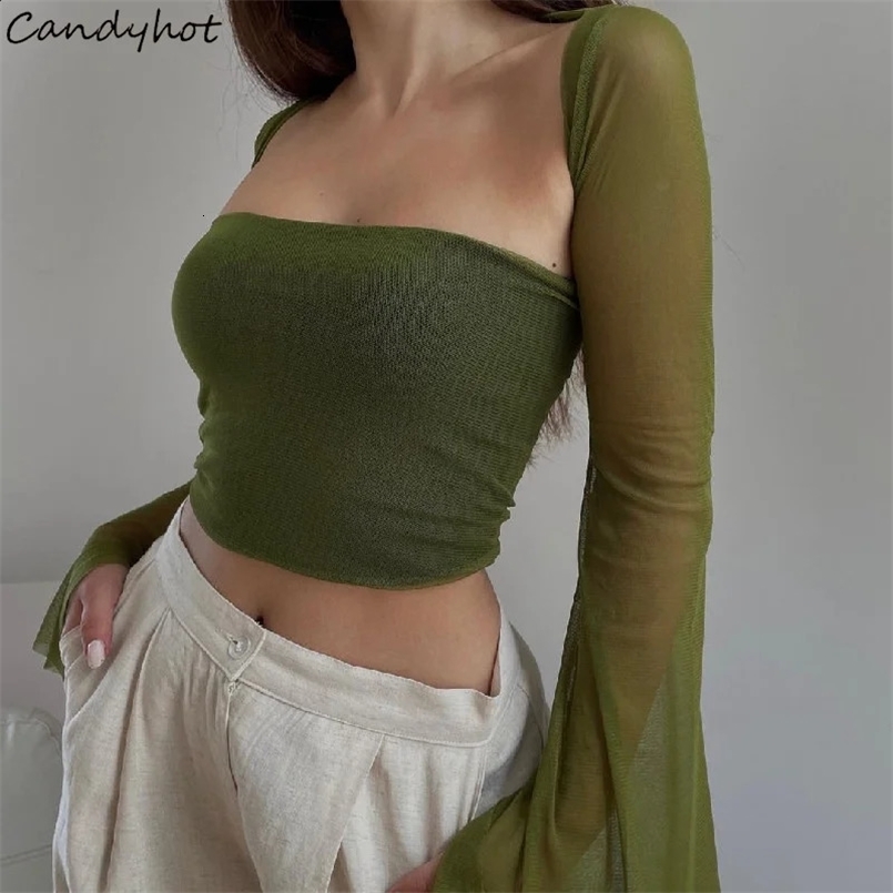 Candy Aesthetic Vintage Women 2 Piece Sets Strapless Tank Top With Sexy Mesh Sheer Flare Long Sleeve Shawl Street Outfit 250425