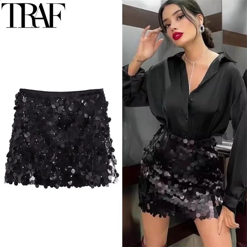 TRAF Woman Skirt Sequin Black Mini Skirt Shiny Silver Short Skirts Women High Waist Party A Line Skirt Glitter Womens Skirts250324bj