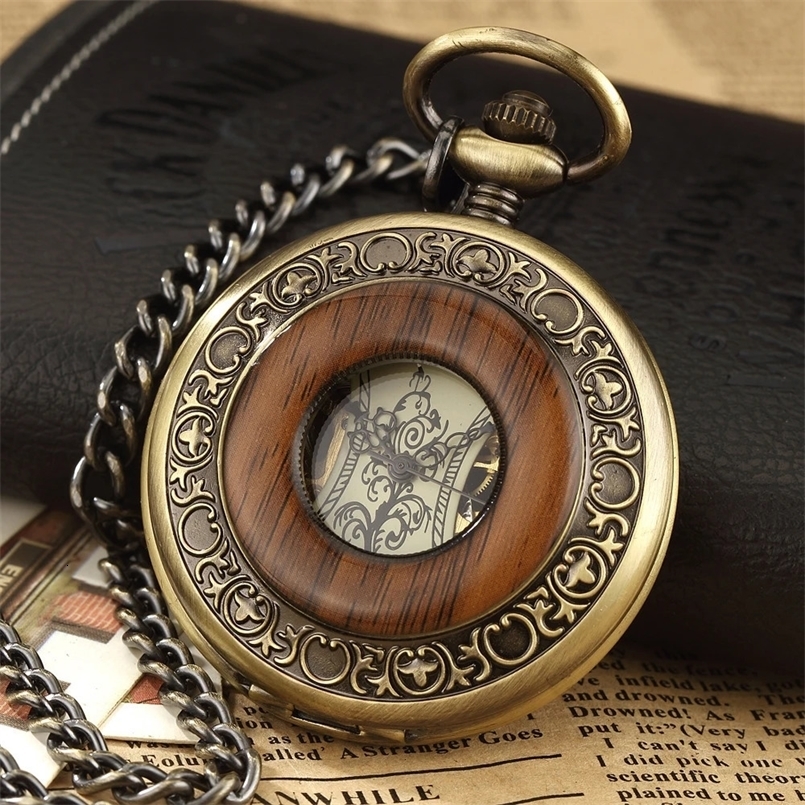 Box Package Solid Wood Mechanical Pocket Watch Fob Chain Locket Dial Hollow Steampunk Skeleton Men Women Mens Male Clock Watches 240626