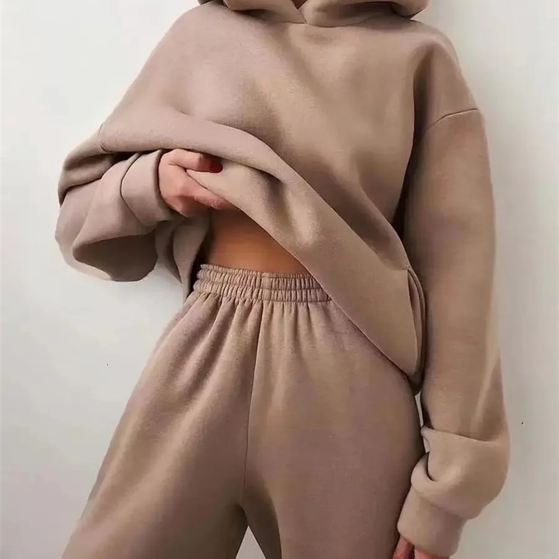Inverno due pezzi set da donna per pista oversize abito 2024 Autunno pantalone si adatta alla felpa con cappuccio sportivo sportivo Solid Sports Spo
