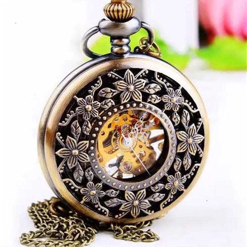 Vintage Bronze antiques flowers Hollow manual mechanical Black face men and woman Necklace pocket watches gift 240626