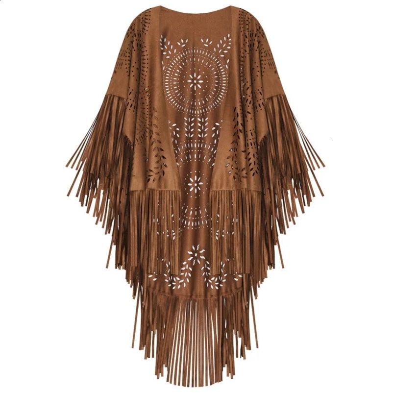 Camel Suede Floral Hollow Out Fringe Tassel Shawl Women Vintage Capes Ponchos Autumn Bohemian cardigan Cloak Boho Capes250425bj