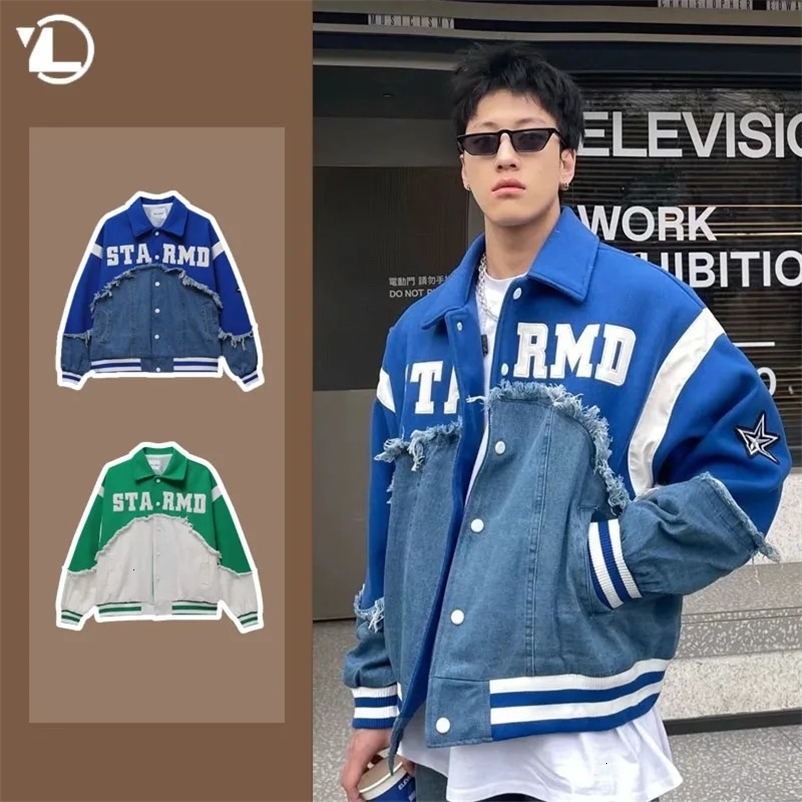 Racing Baseball Jackets Mens Denim Splicing Unisex Letter Printing Couple Coat High Street Trend Outwear Streetwear Spring 240415