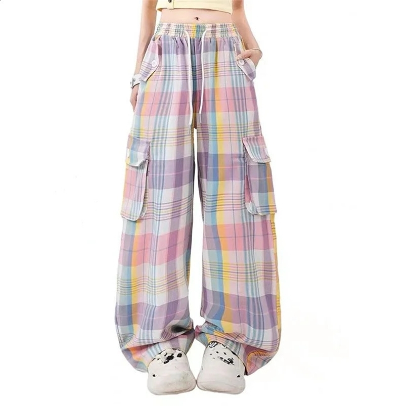 Dopamina con coulisse con coulisse in vita alta tasche a quadri colorati retrò americani dolci pantaloni dritti alla moda 240820 240820