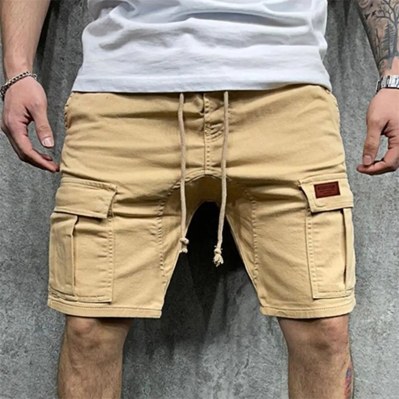 Solid Color Cargo Shorts Men Casual Shorts Summer Multi Pockets Joggers Shorts Mens Drawstring Knee Length Shorts short homme 240802