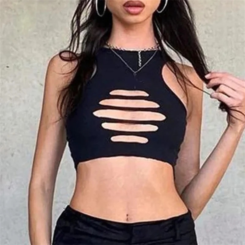 Y2k Ribbed Knit Tank Top Women Casual Solid Bodycon Hollow Out Caims Gothic E Girl Black Sexy Crop Tops Ripped Cut Out Vest 250415