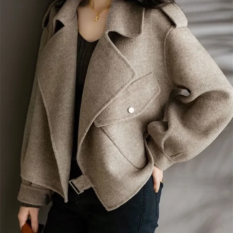 Womens Coat Woolen Blends Long Sleeve Autumn Short Coats Office Lady Turn-down Collar Thick Loose Winter Jackets for Women 241223