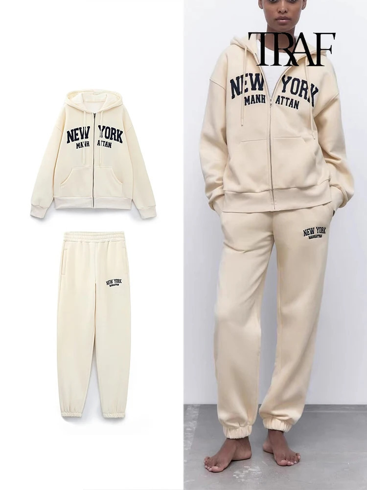 TRAF Womens American Vintage York Letter Print Sweatshirt Fashion Loose Long Sleeve Jacket Set Casual Street Zipper Hoodie 250906