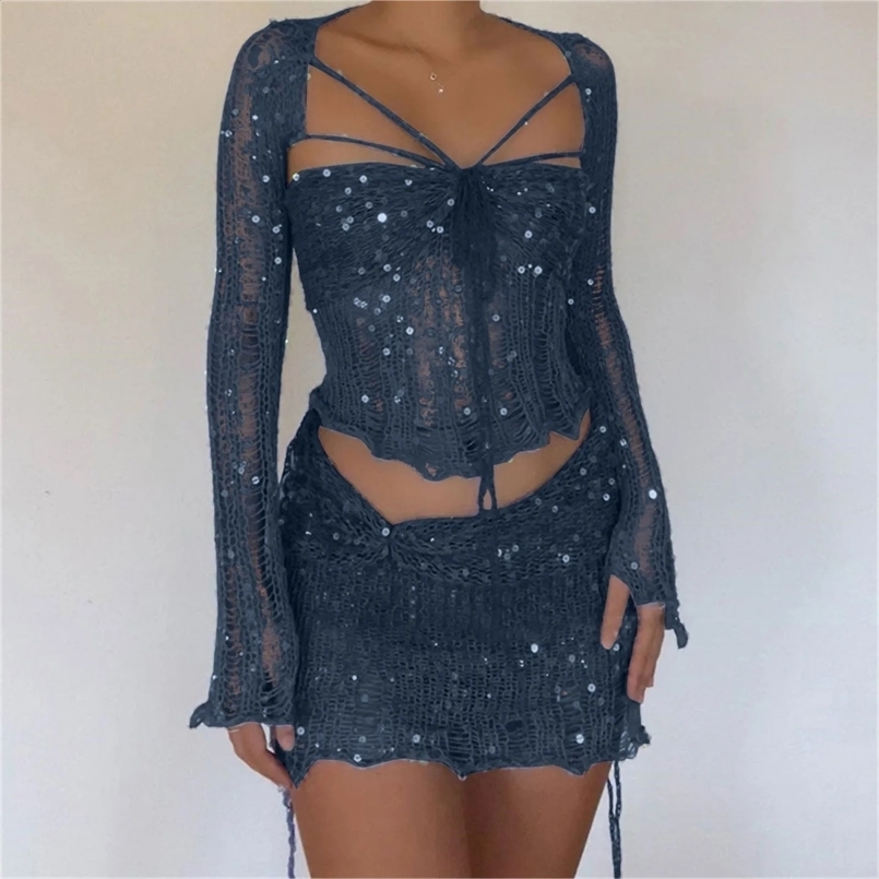 Crochet Knitted Two Piece Outfit Skirt Sets Vacation Women Clothes Sexy See-Through Crop Top Elegant Knit Sequin Mini Skirts Set 250411
