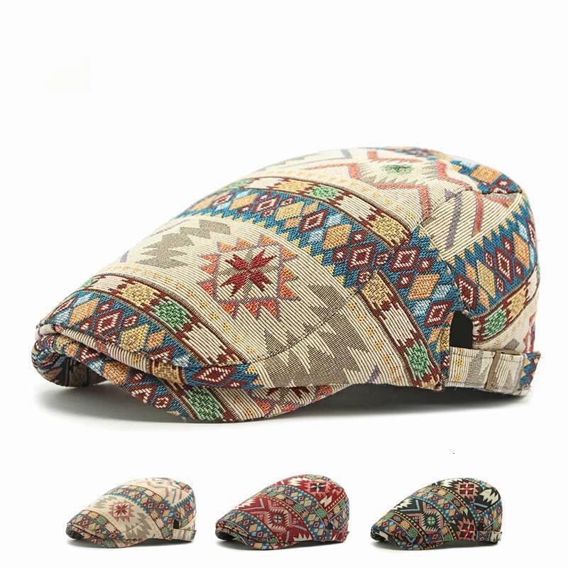 Dad Boho Jacquard Female British Retro Beret Ethnic Style Personalized Geometric Cap Casual Forward Hat Male VisorsGift ddmythur