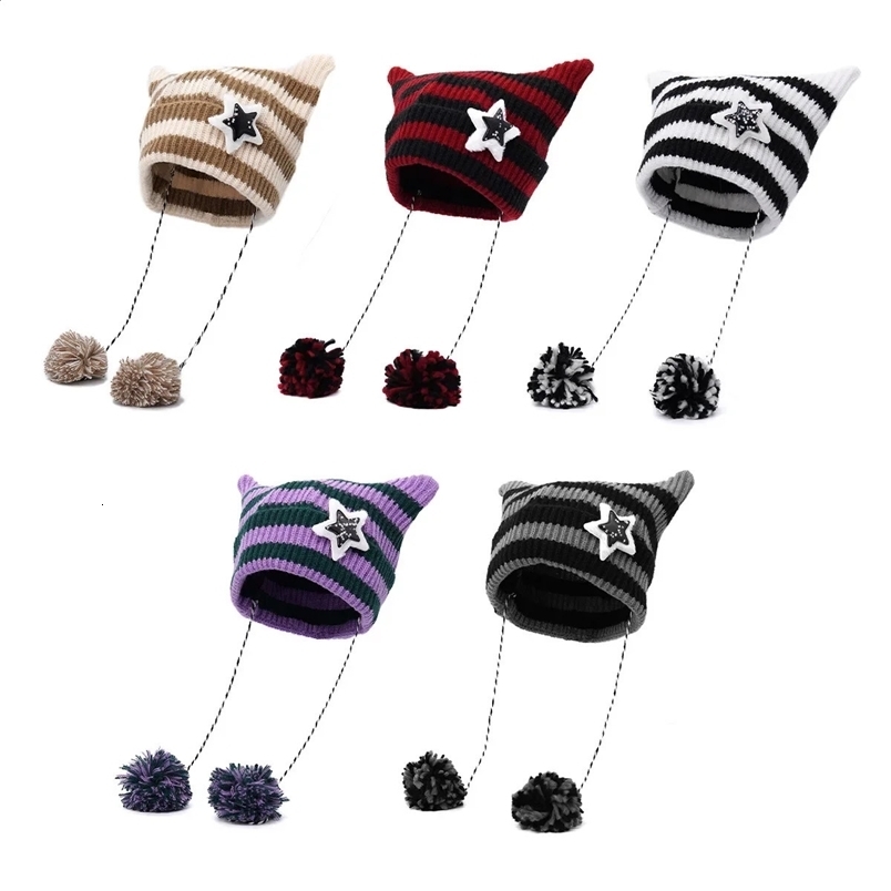 Y2K Japan er Handmade Pentagram Wool Beanie Hat Ladies Autumn Spring Warm Cat Ear Knit Stripe Beanie Cap with Pompom 241227