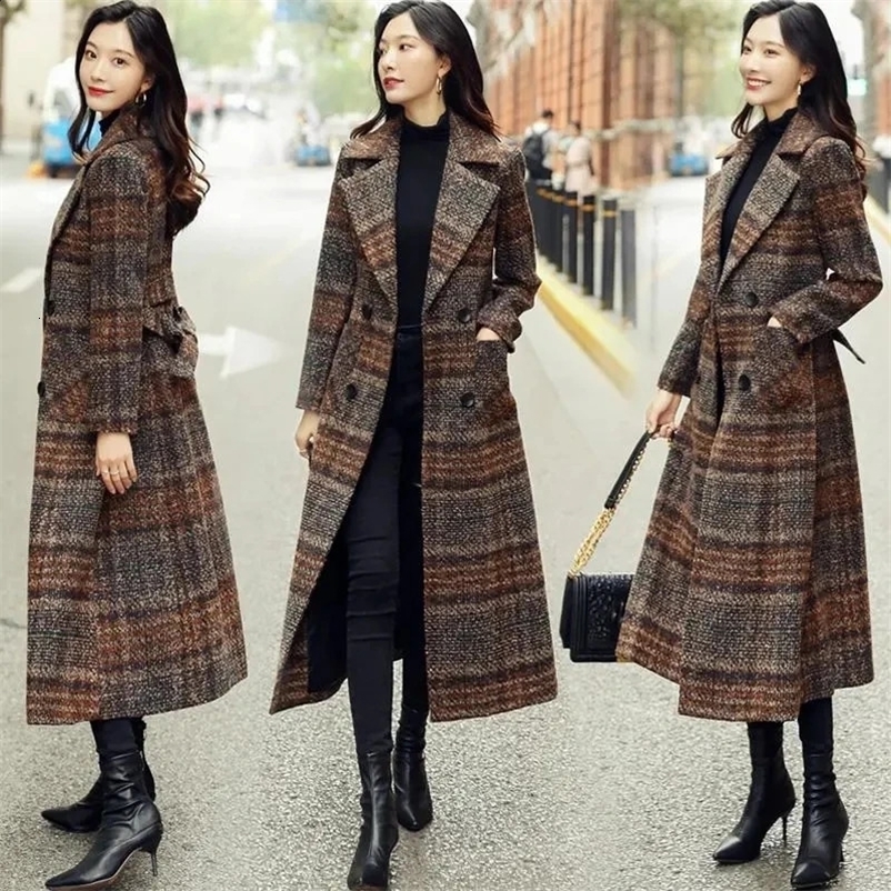 Plaid Woolen Coat Women Long Korean Style Waist Female Autumn Winter Thick Slim-fit Over-the-knee Woolen CoatM540 240830