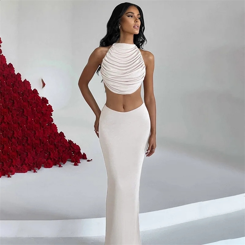 Solid Color Casual Sleeveless Halter Backless Slim Long Dress Suit Women Sexy Fashion Temperament Two Pieces Skirt Set 250113