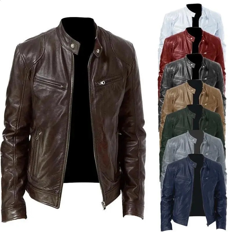 Mens Motorcycle Leather Jacket Slim Fit Short-Coat Lapel PU Jackets Autumn Zipper Stand Windproof Leather Coat Mens Clothing 240829