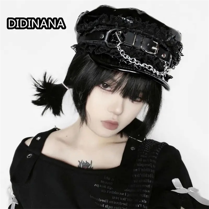 Street clothing Darkpunk cap PU patent leather chain buckle decoration high cranial top beret Harajuku Goth womens hat 240603bj