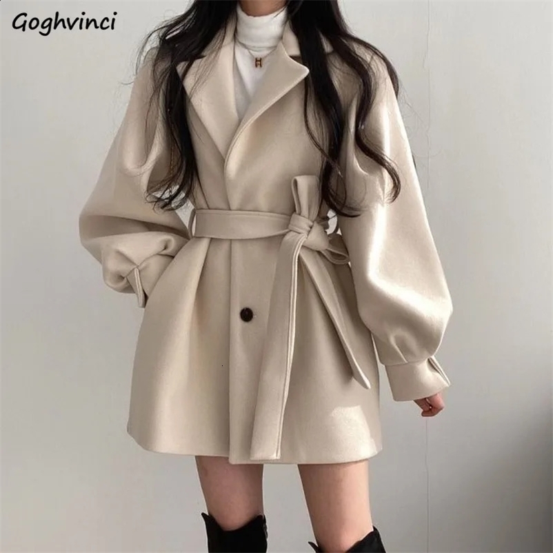 Women Solid Wool Blend Coat Slim Fit Belt Coats Female Warm Cotton Thicker V-neck Office Lady Elegant Trendy Button Outwear Ins 240729