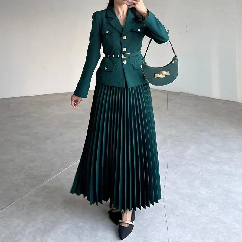 Elegant Long Chiffon Dress Set 2 Piece Skirt Suits Summer Autumn Blazer Suit Coat Pleated Maxi Office Lady Work 250922