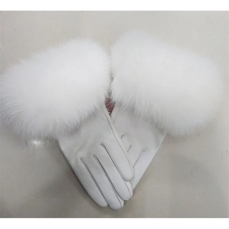 Womens genuine leather gloves with real fox fur cuffs womens warm winter genuine leather gloves womens casual warm hand gloves 241206bj