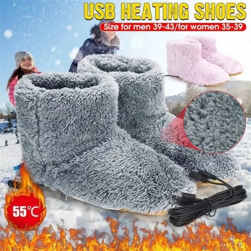 1pair USB Heater Foot Shoes for Men Women Winter Warm Snow Boots Plush Warm Electric Slippers Washable Feet Heated Shoes Warmer 250120bj