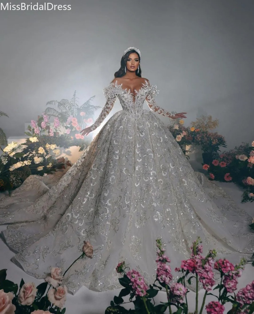 Exquisite Ball Gown Wedding Dresses 2025 V Neck Long Sleeves Sequins Appliques Beaded Floor Length Ruffles Diamonds Pearls Bridal Gowns Plus Size Ve