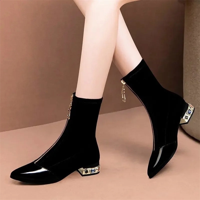 Womens shiny sequined ankle boots winter fashion point front zipper rhinestone square short boots retro motorcycle shoes 55 240926bj