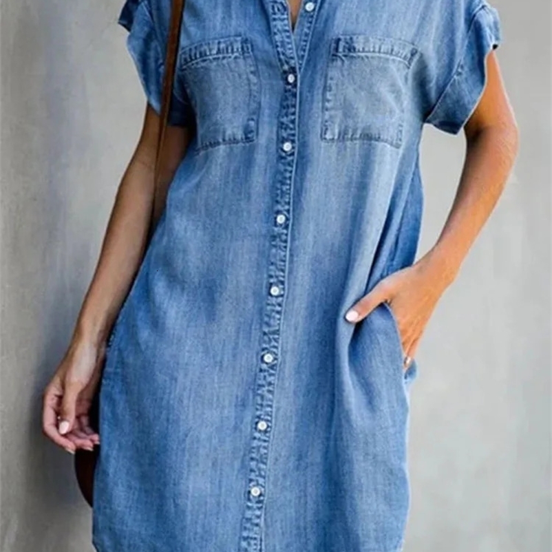 Summer Single Breasted Denim Shirt Dress Womens Casual Loose Pocket Simple Retro Female Office Denim Short Skirt 240828