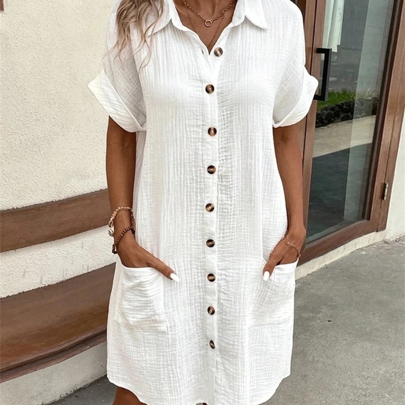 Retro womens solid mini dress summer fashion V-neck one-third sleeve pure cotton linen dress womens casual holiday vest250425bj