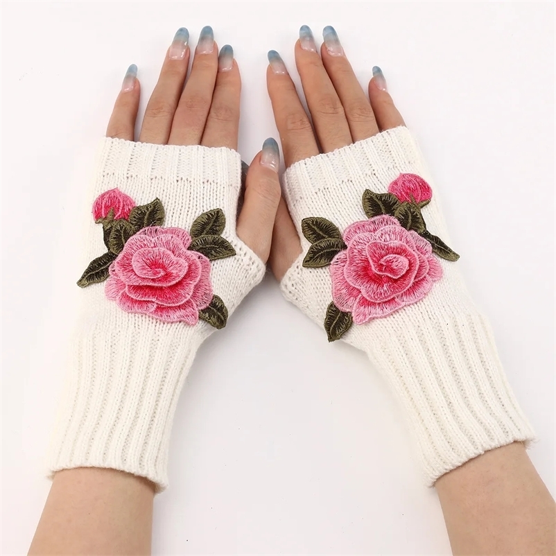 Five Fingers Gloves 2023 Autumn Winter Women s Short Fashion Embroidered Flower Knitted Wool Sleeves Warm Mittens Fingerles 231216bj