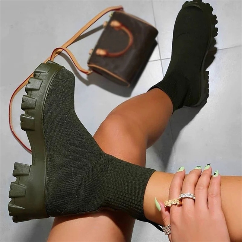 Womens Short Knitted Platform Boots Autumn Womens Winter Shoes Ankle Boots White Winter Botas Mujer 240926bj