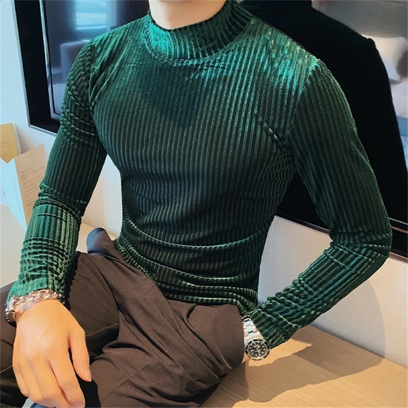 Autumn Winter Half Turtleneck Velour Under T Shirt Men Long Sleeve Casual Stripe Slim Fit Tops Tees Men Fashion Social T Shirt 241223bj