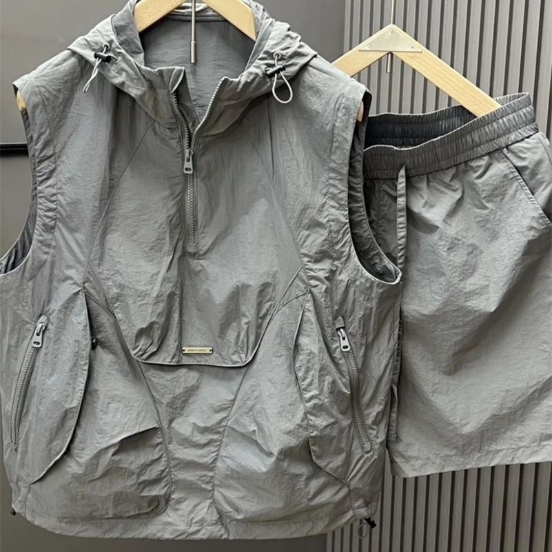 Casual Hooded Sleeveless Suit Mens Summer Workwear Thin Loose Fashion Couple Sleeveless Waistcoat Shorts Two-Piece Set 250327