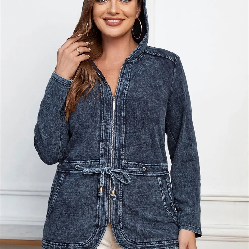 LIH HUA womens plus size denim jacket womens casual high-end stretch knitted denim jacket with shoulder pads denim jacket 241206bj