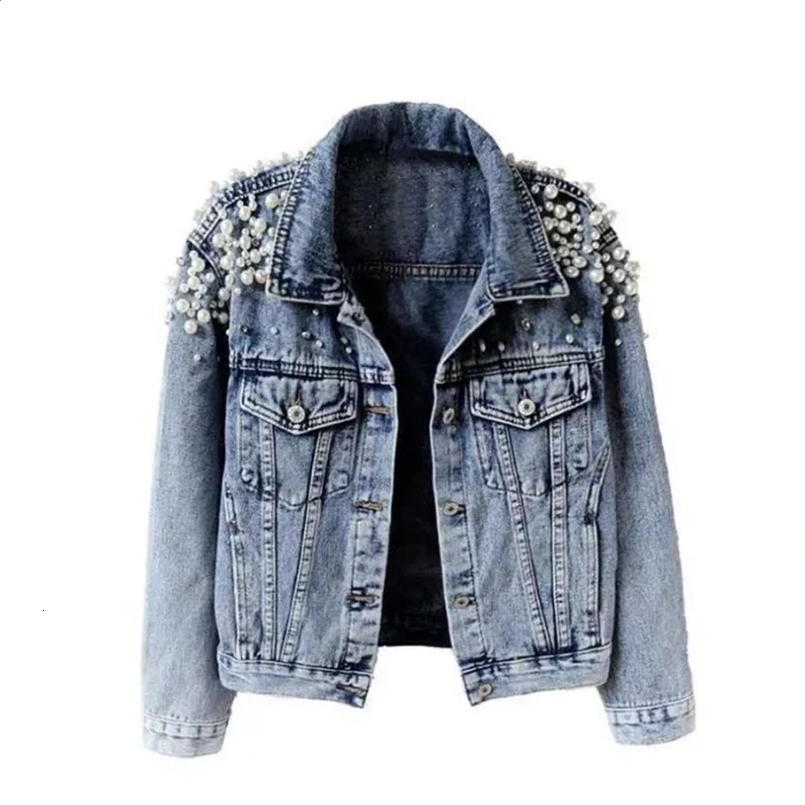 Spring and Summer Heavy Beaded Denim Jacket Womens Short Long Sleeve Fashion Jacket Large Pearl Denim Jacket Coat for Women 240828