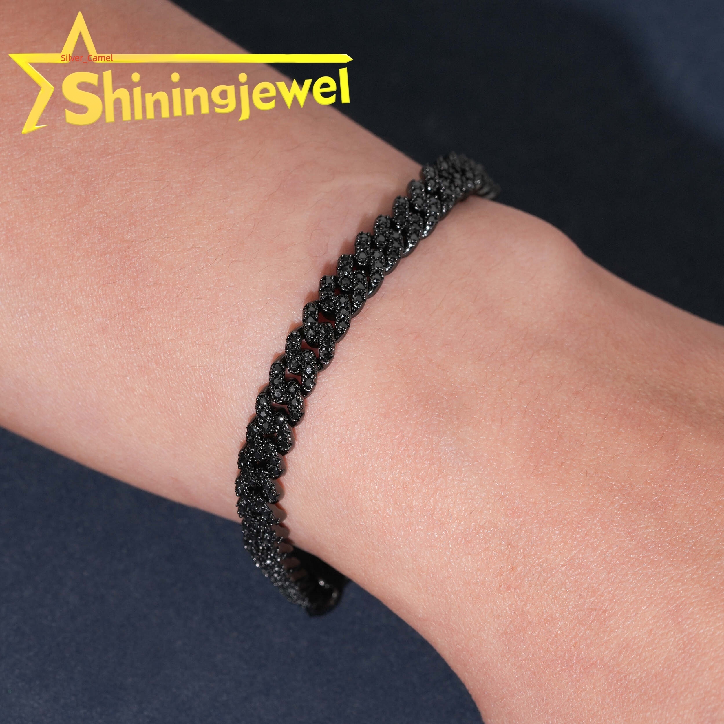 Black Moissanite 6MM Men Hip Hop Cuban Bracelet Sterling Silver 925 Gold Plated Moissanite Pass Diamond Test Cuban Bracelet