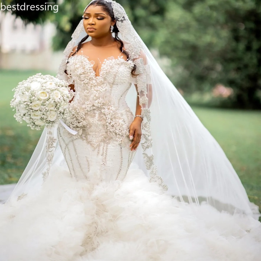 2025 modeste arabe aso ebi plus taille ivory dentelle sirène robe de mariée perles fleurs