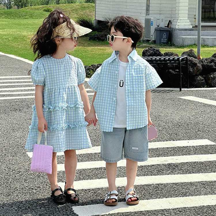 Summer Kid Brother Sister Set Muslin Toddler Girl Plaid Bubble Short Sleeve Beach Dress Vacation Shirt 2PCS Outfit Siblings Look X250923