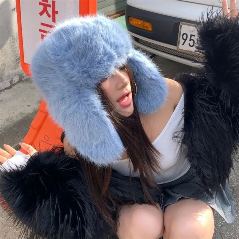 Korean Ins Mink Plush Hat Winter Women Ear Protection Bomber Hats Fashion Warm Fluffy Faux Fur Ski Beanies Y2k Gift 241227
