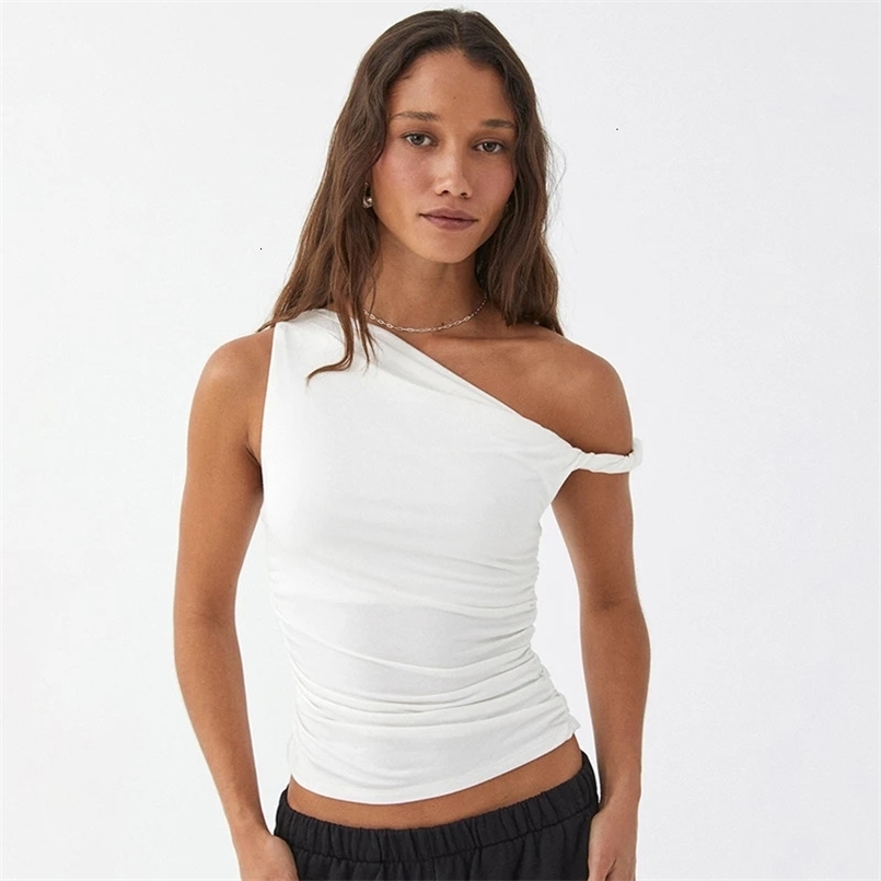 CUTENOVA Simple Basic Casual Summer Tank Top Sleeveless Solid Color Off Shoulder Side Ruched Crop Tops Vestidos Spring Women T S 250226