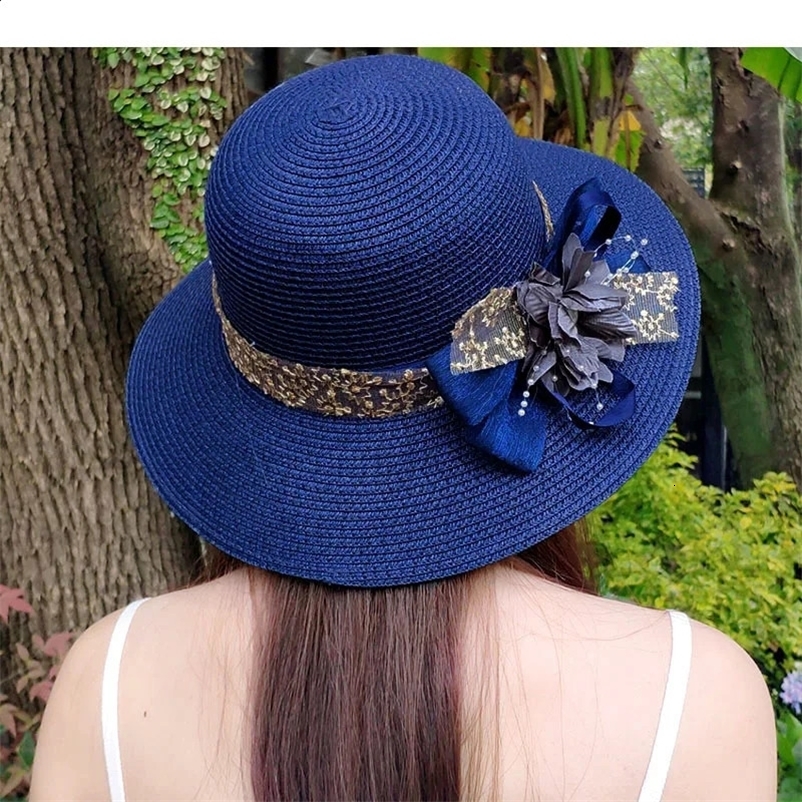 Fashion Women Summer Womens Sun Hat Bucket Cap Beige Lace Bowknot Flowers Ribbon Flat Top Straw Hat Beach Caps Panama Gift 250520bj