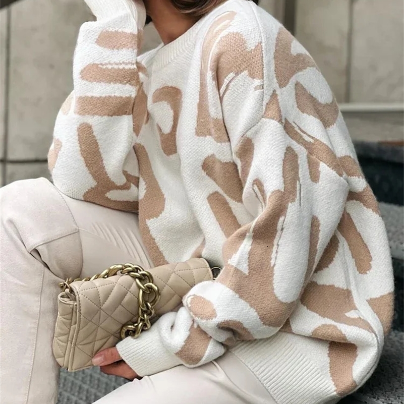 Winter Womens Sweater with Letter Print Green White Oversized Pullover O-Neck Classic Vintage Knitted Sweaters for Women 2024 250121