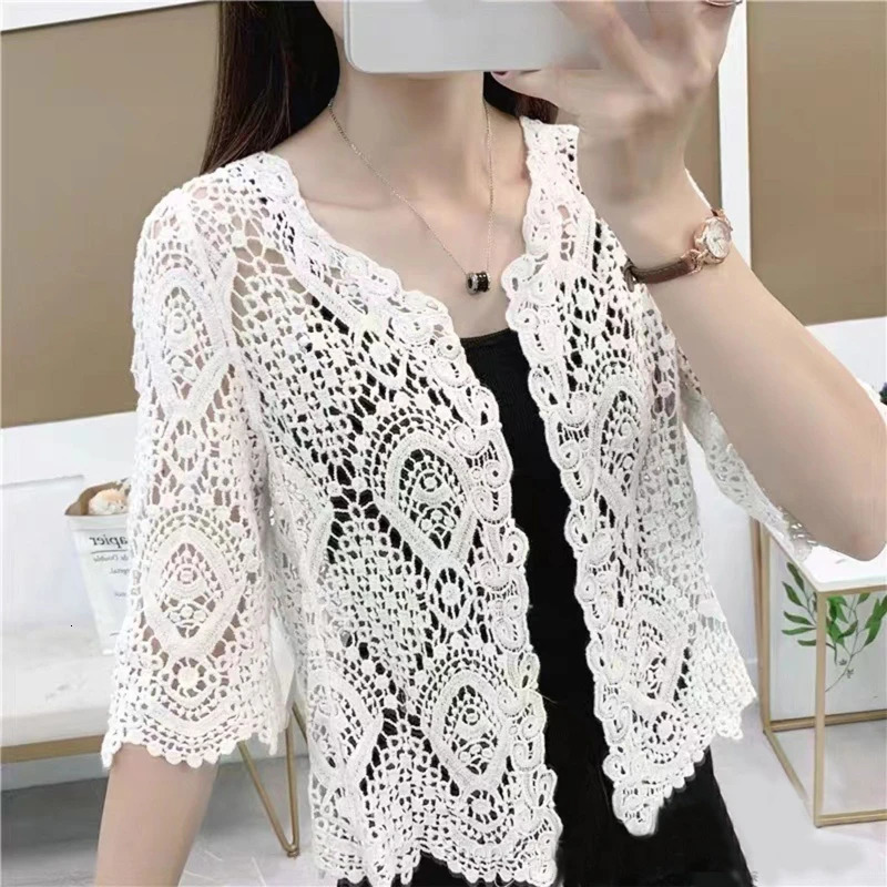 Women Knitted Lace Shrug Boho Hollow Crochet Floral 34 Sleeves Open Front Cropped Cardigan Elegant Mesh Sweater Coveup 250905