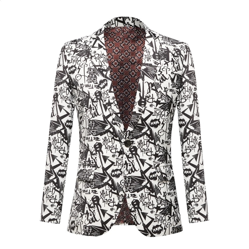 Mens black fashion suit jacket wedding groom stage singer dance party ultra-thin fit jacket black and white printed suit jacket outerwear 241111