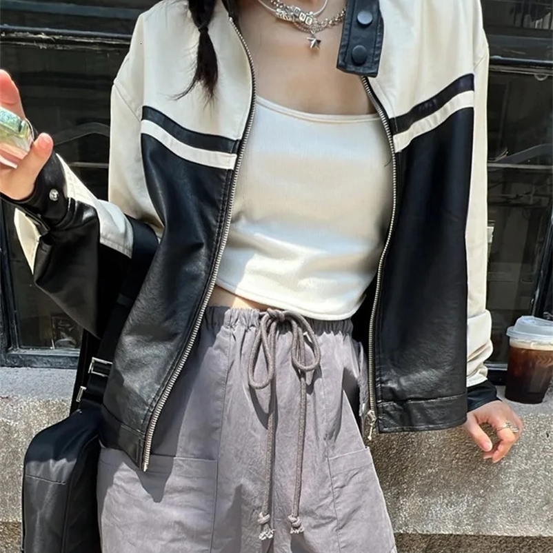 Tonngirls Leather Jacket Women Casual PU Y2k Vintage Jackets Female Patchwork Streetwear American Retro Locomotive Coat Leather 240914