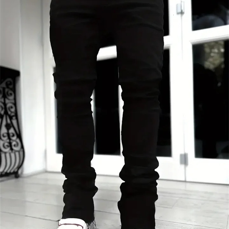 mens elastic tight jeans fashionable and casual slim fit denim shorts black glitter pants mens clothing 240930