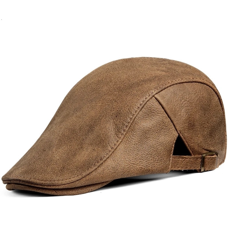 Distressed Retro Leather Beret Hats Mens High Quality Cowhide Yellow Stylish Boina Hombre Middleaged Elderly Thin Forward Cap 240603bj