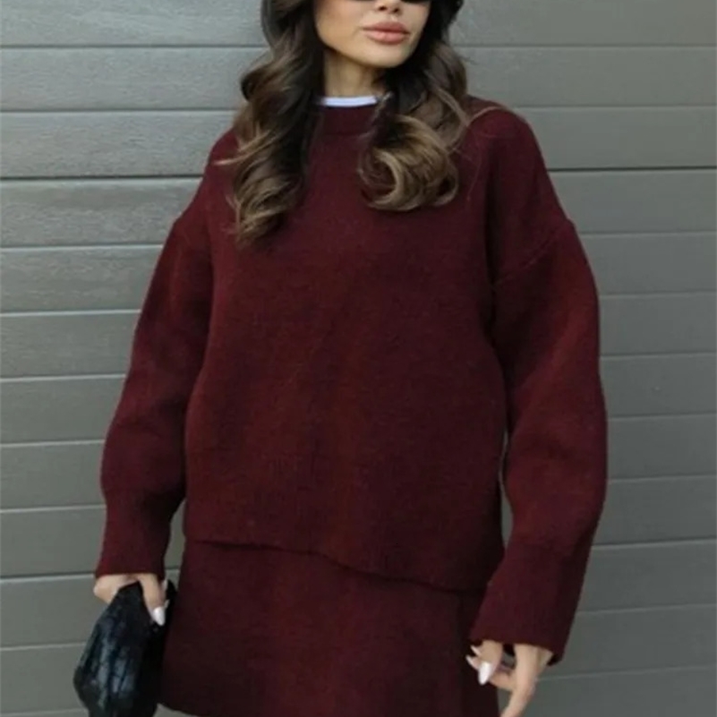 Elegant Skirt Suits Women O-neck Knitted Long Sleeve Pullovers High Waist Short Skirts Female Sets 2024 Autumn Lady Outerwears 241224